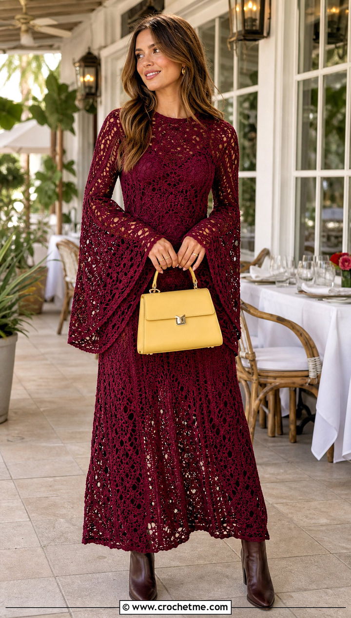 Burgundy Bell Sleeve Crochet Maxi Dress With Ankle Boots - 30 burgundy crochet dress outfit ideas