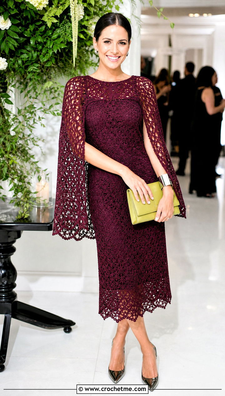Burgundy Cape Sleeve Crochet Midi Dress With Pointed Heels - 30 burgundy crochet dress outfit ideas