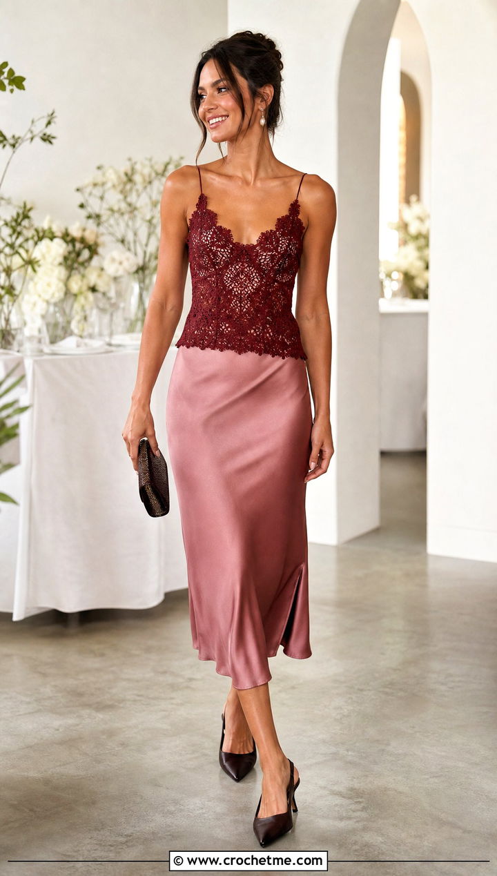 Burgundy Crochet Lace Camisole With Satin Midi Skirt - 15 Crochet Lace Top In Burgundy outfit ideas