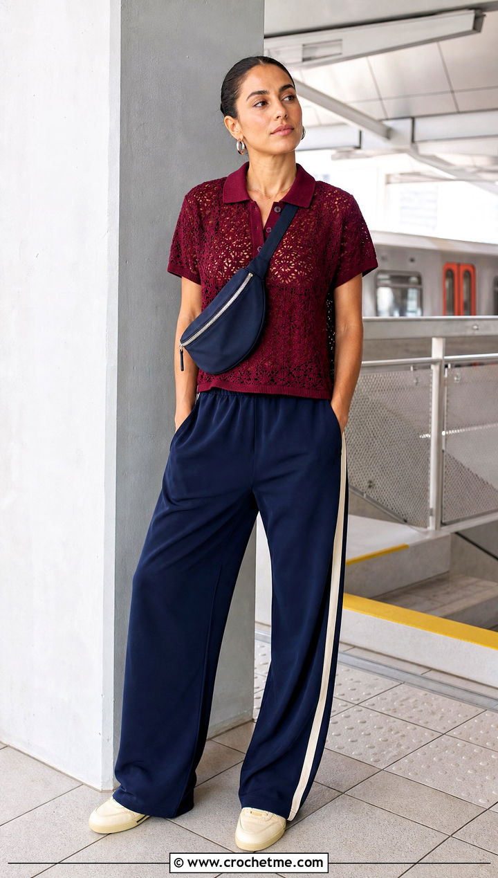 Burgundy Crochet Lace Polo Top With Track Pants - 15 Crochet Lace Top In Burgundy outfit ideas