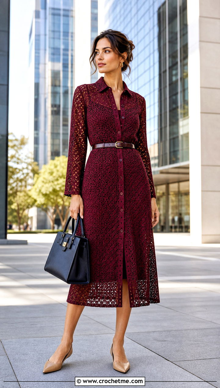 Burgundy Crochet Shirt Dress With Pointed Flats - 30 burgundy crochet dress outfit ideas
