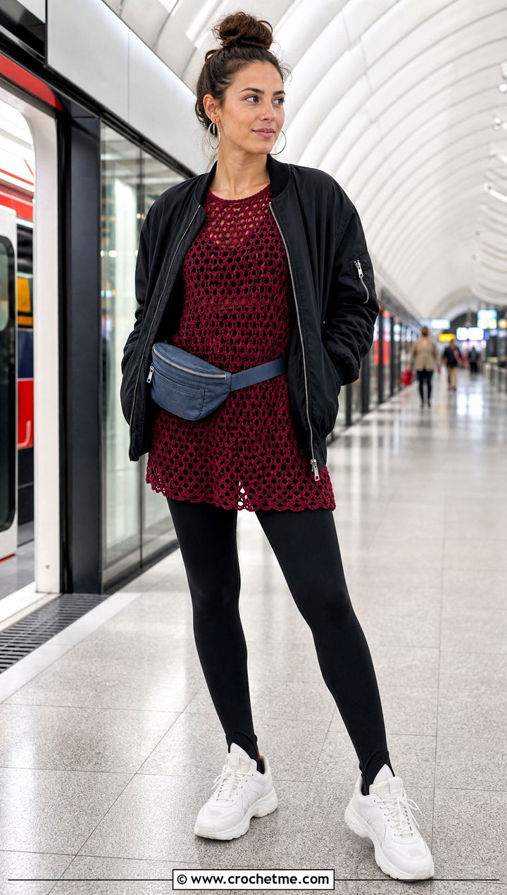 Burgundy Crochet Tunic Mini Dress With Leggings - 30 burgundy crochet dress outfit ideas