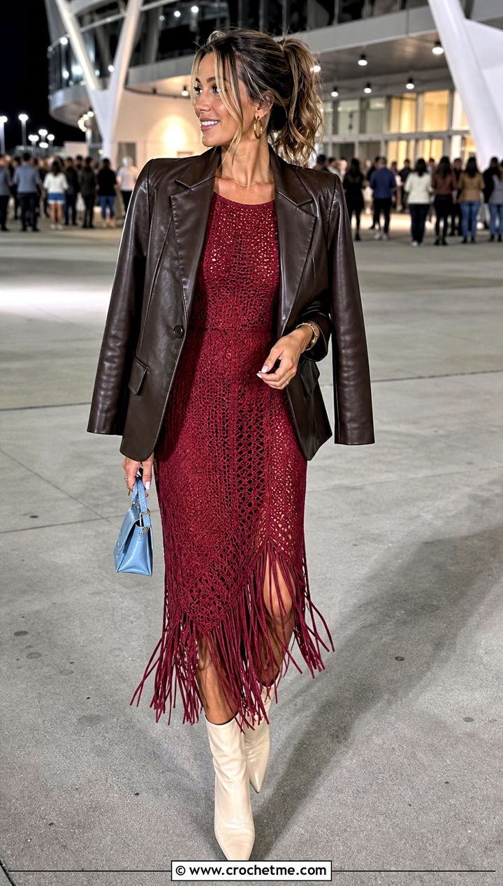 Burgundy Fringe Hem Crochet Dress With Leather Blazer - 30 burgundy crochet dress outfit ideas