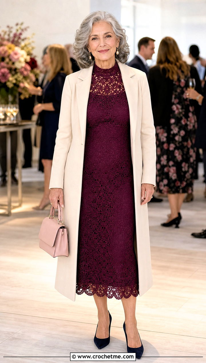 Burgundy High Neck Crochet Midi Dress With Tall Pumps - 30 burgundy crochet dress outfit ideas