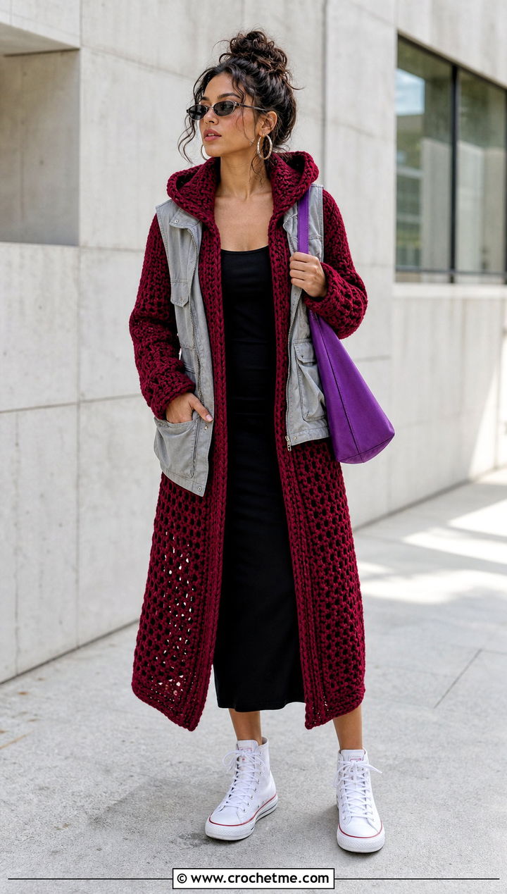 Burgundy Hooded Crochet Dress With High Top Sneakers - 30 burgundy crochet dress outfit ideas