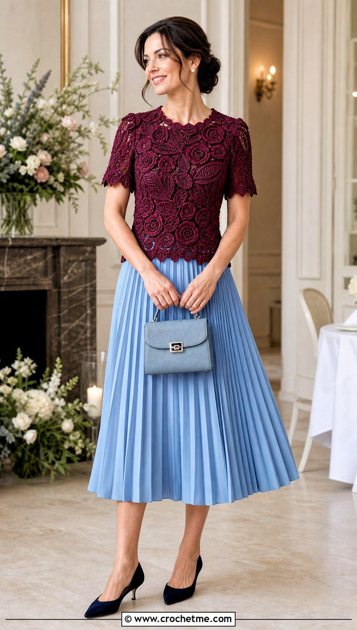 Burgundy Irish Crochet Motif Top With Pleated Skirt - 15 Crochet Lace Top In Burgundy outfit ideas