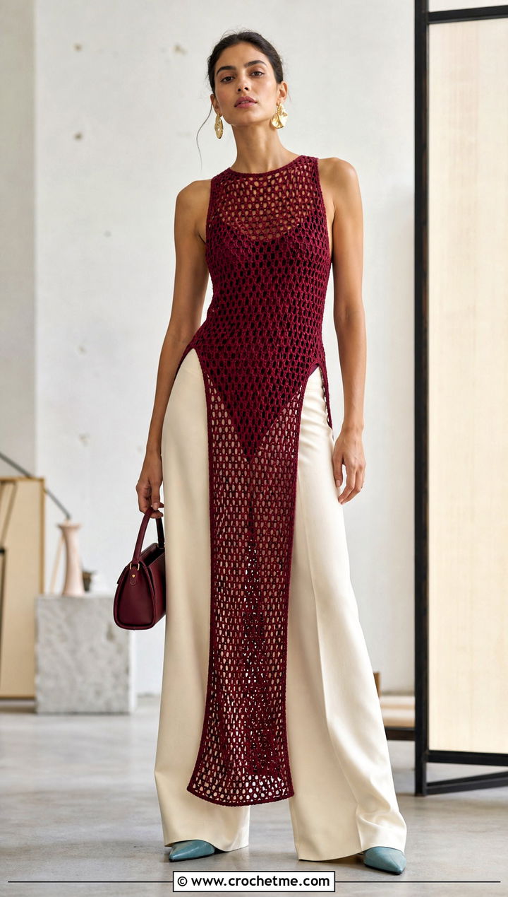 Burgundy Mesh Crochet Maxi Dress With Wide Leg Pants - 30 burgundy crochet dress outfit ideas