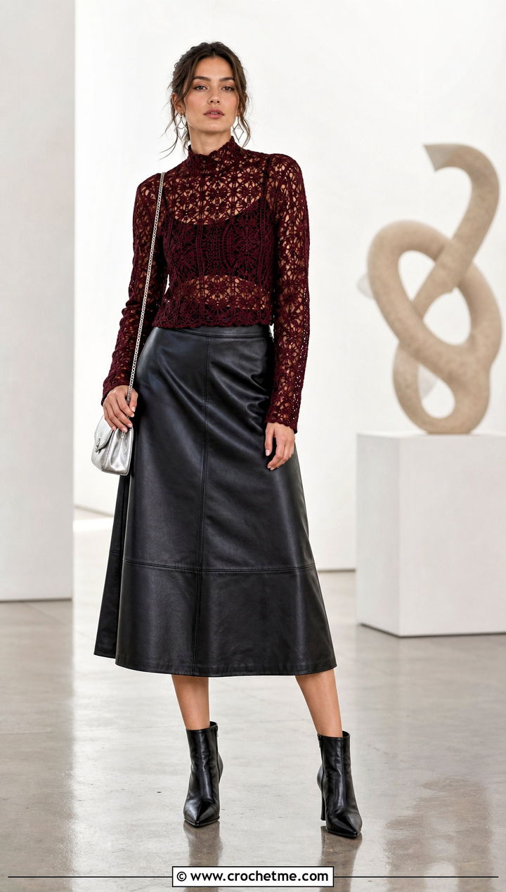 Burgundy Mock Neck Crochet Lace Top With Leather Midi Skirt - 15 Crochet Lace Top In Burgundy outfit ideas