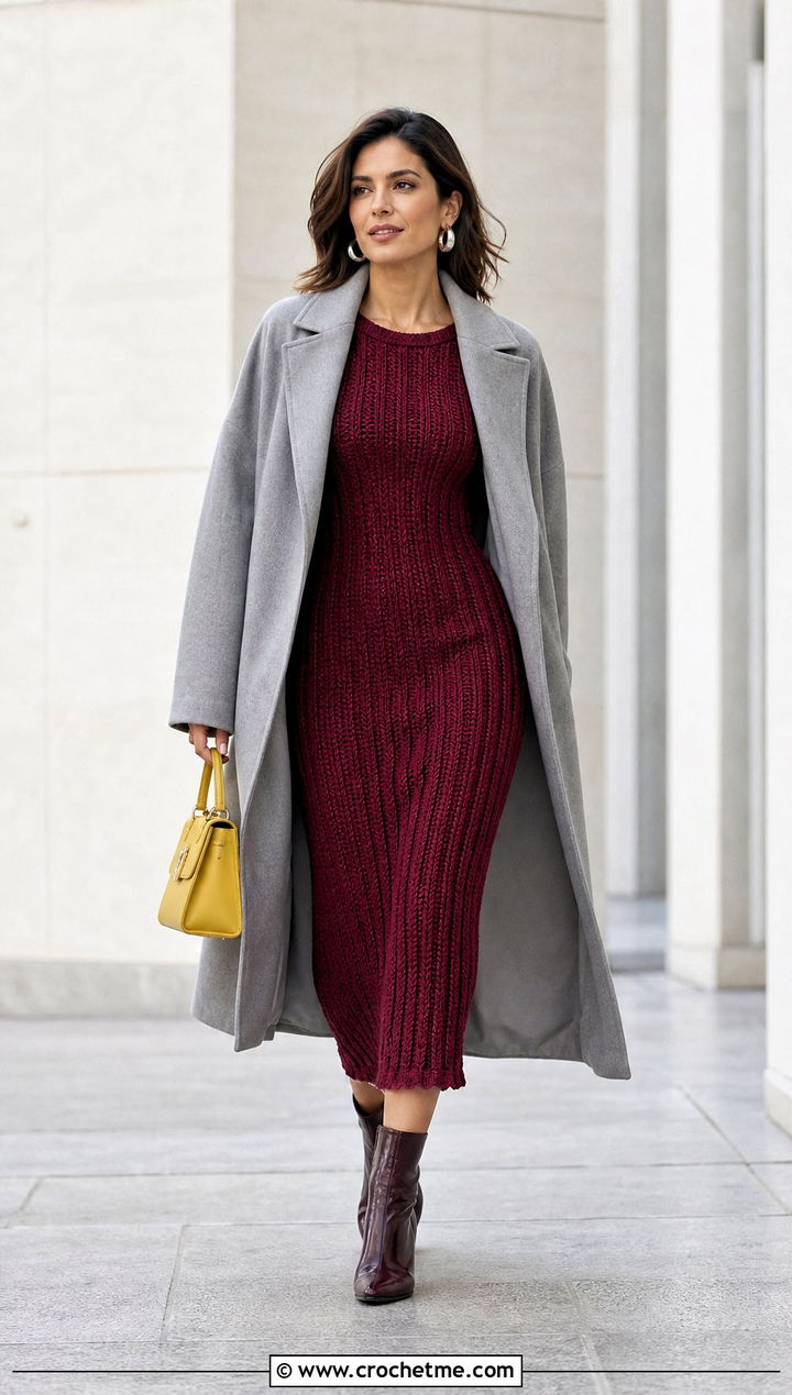 Burgundy Ribbed Crochet Midi Dress With Long Coat - 30 burgundy crochet dress outfit ideas