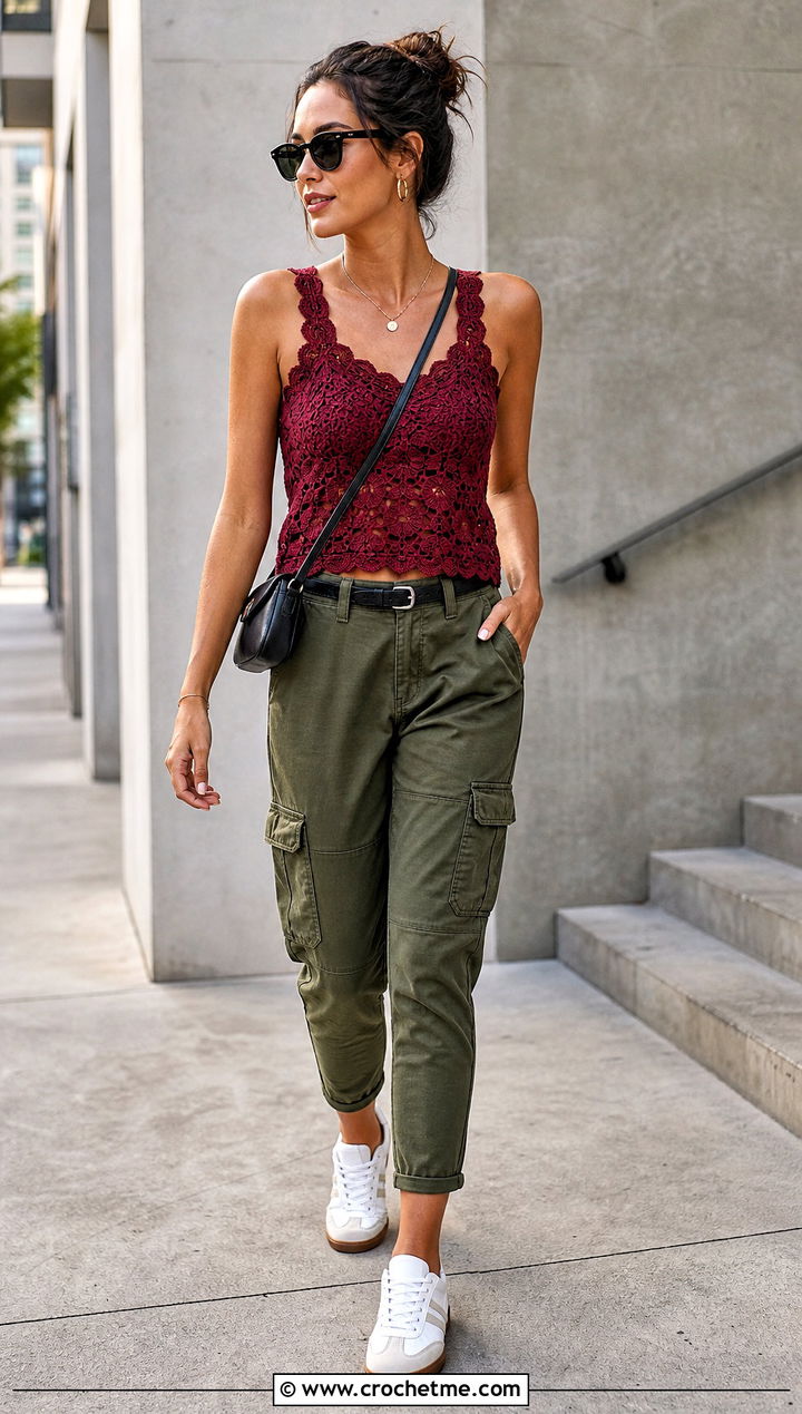 Burgundy Scalloped Crochet Lace Tank With Cargo Pants - 15 Crochet Lace Top In Burgundy outfit ideas