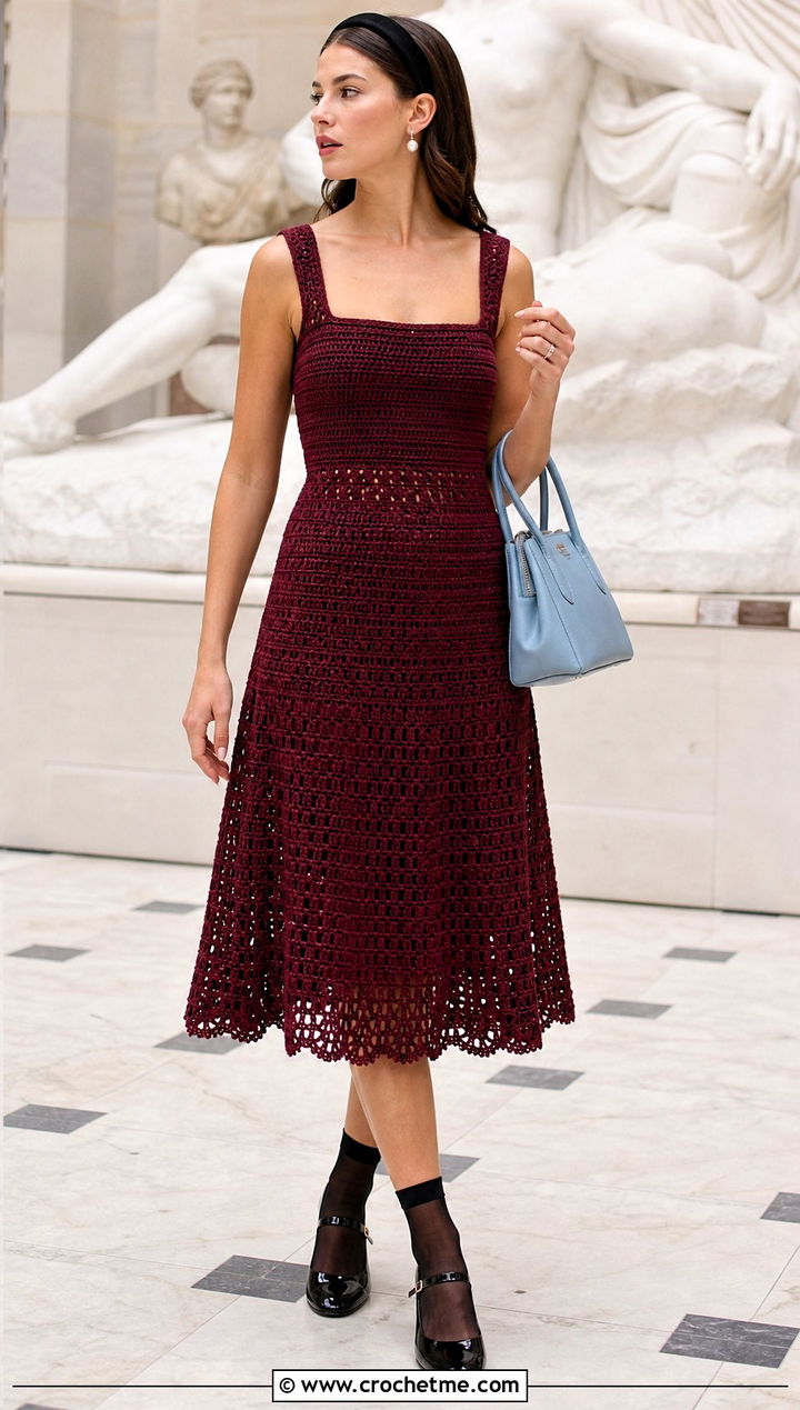 Burgundy Square Neck Crochet Midi Dress With Mary Janes - 30 burgundy crochet dress outfit ideas