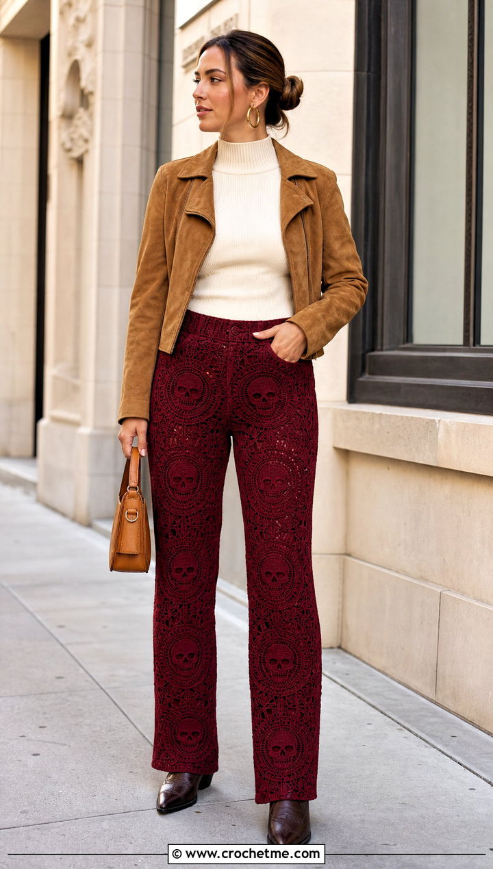 Burgundy Tailored Crochet Skull Pants With Suede Jacket - 25 Crochet Skull Pants outfit ideas
