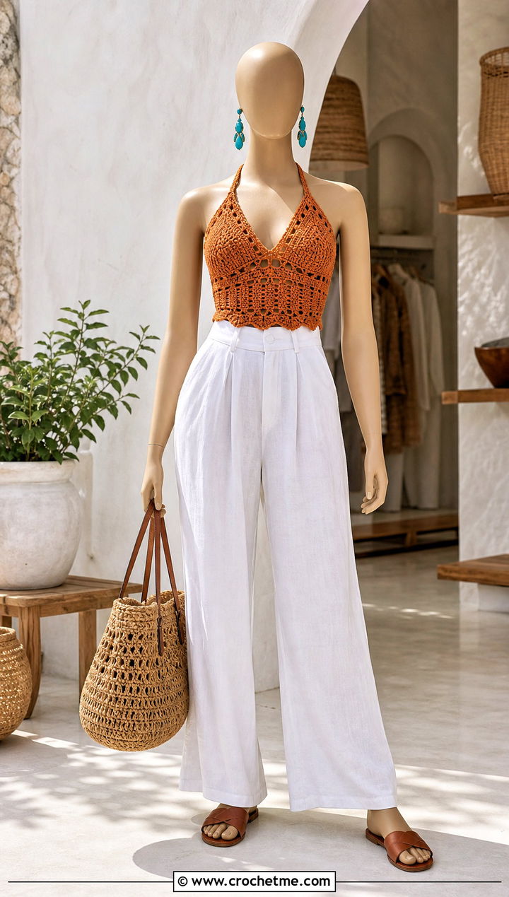 Burnt Orange Crochet Halter Top With White Linen Pants - 15 orange crochet top on mannequin outfit ideas