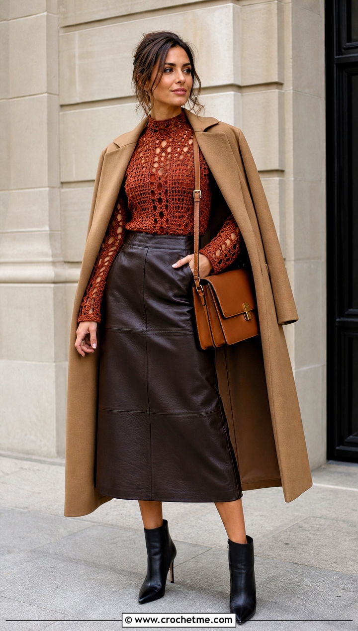 Burnt Orange Long Sleeve Crochet Top With Leather Skirt - 30 orange crochet top outfit ideas
