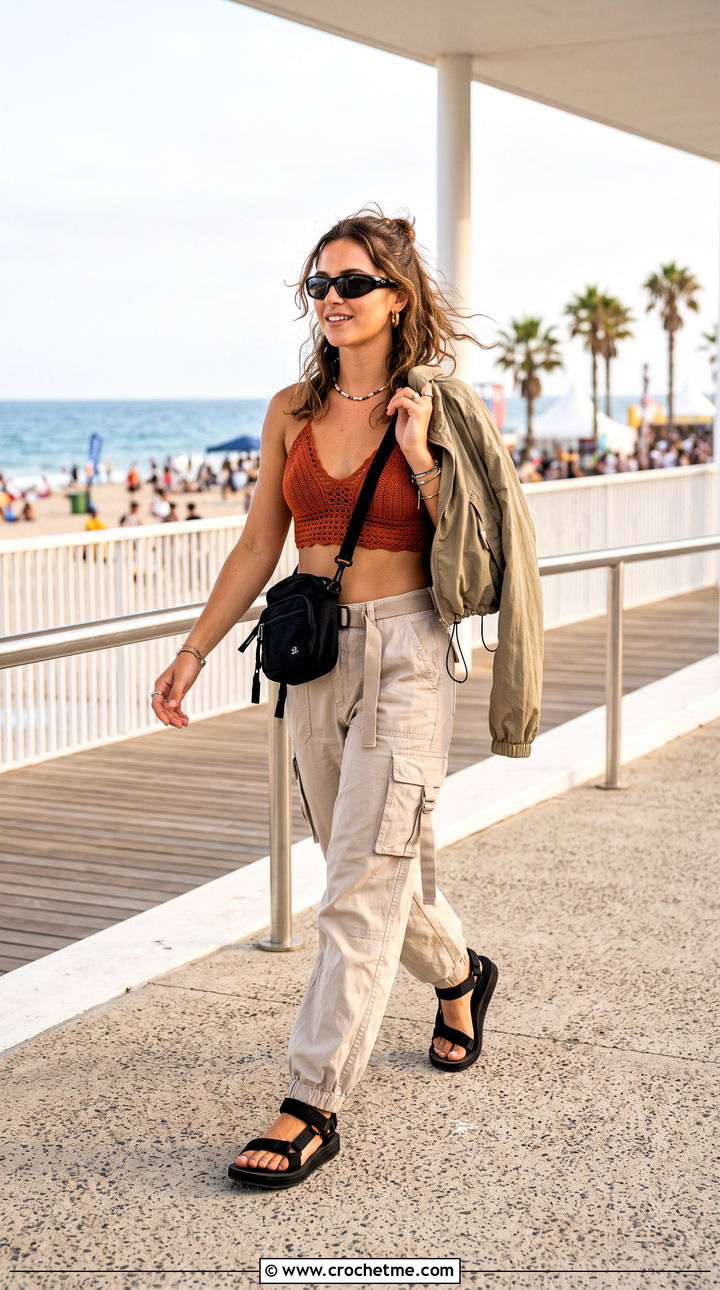 Burnt Orange Longline Crochet Bikini With Cargo Pants - 15 orange and brown crochet swimwear outfit ideas