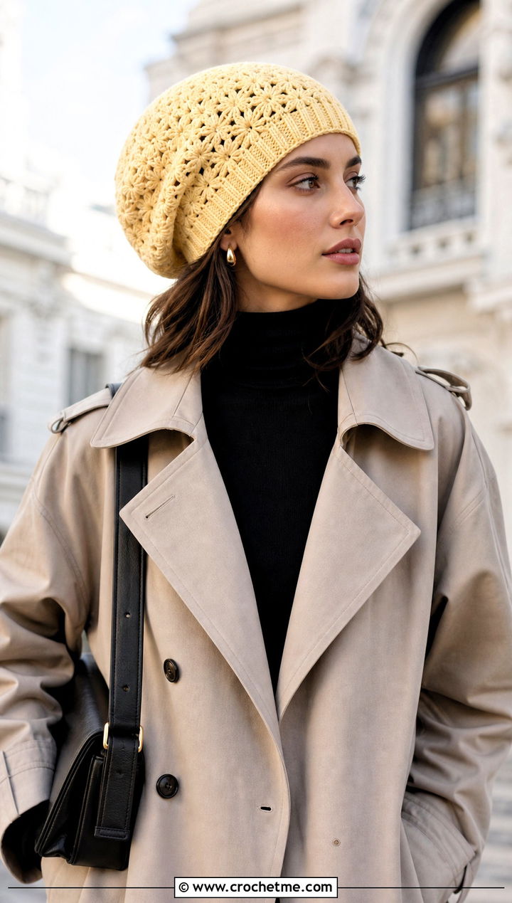 Burst Slouch Crochet Beanie With Trench Coat - 15 burst crochet beanie outfit ideas