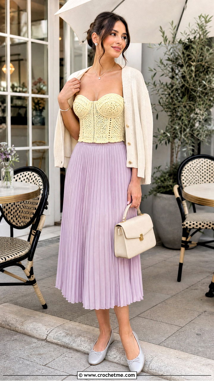 Bustier Crochet Corset With A Pleated Midi Skirt - 35 crochet corset outfit ideas