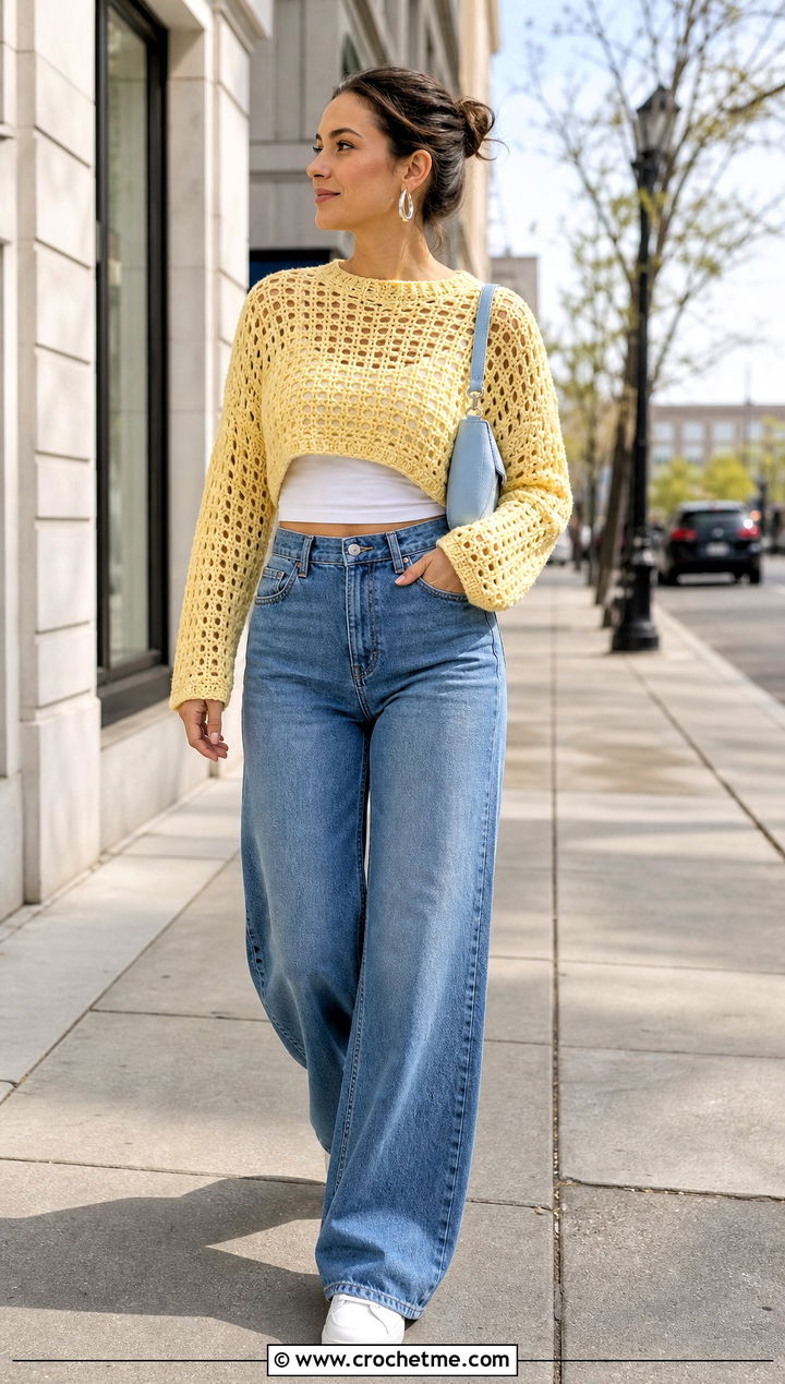Butter Yellow Crochet Mesh Sweater With Wide Leg Jeans - 30 Crochet Yellow Sweater outfit ideas