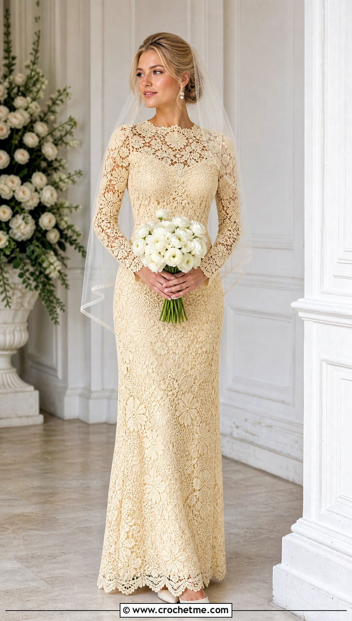 Butter Yellow Irish Lace Long Sleeve Crochet Wedding Dress With Pearl Pumps - 15 long sleeve crochet wedding dress outfit ideas