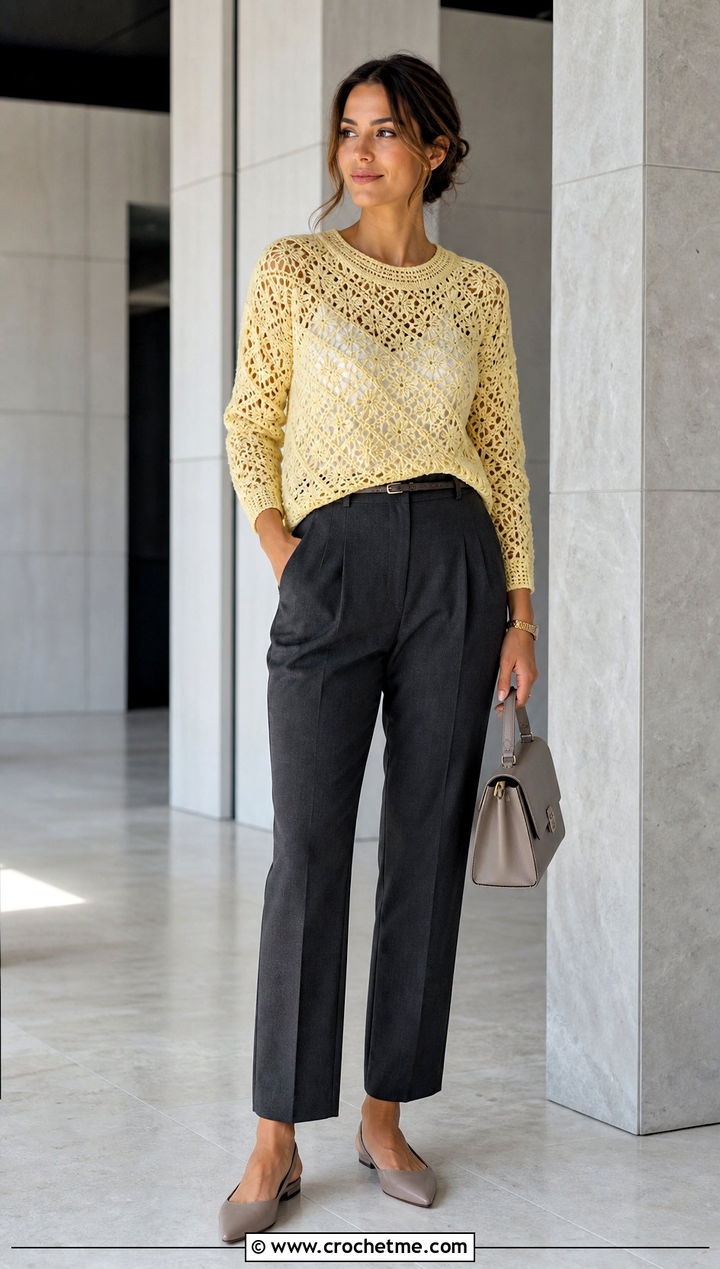 Butter Yellow Openwork Crochet Crewneck With Tailored Trousers - 15 Yellow Lace Crochet Sweater outfit ideas