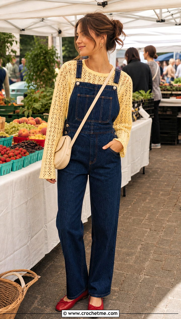 Butter Yellow Sunset Crochet Sweater With Denim Overalls - 20 Sunset Crochet Sweater outfit ideas