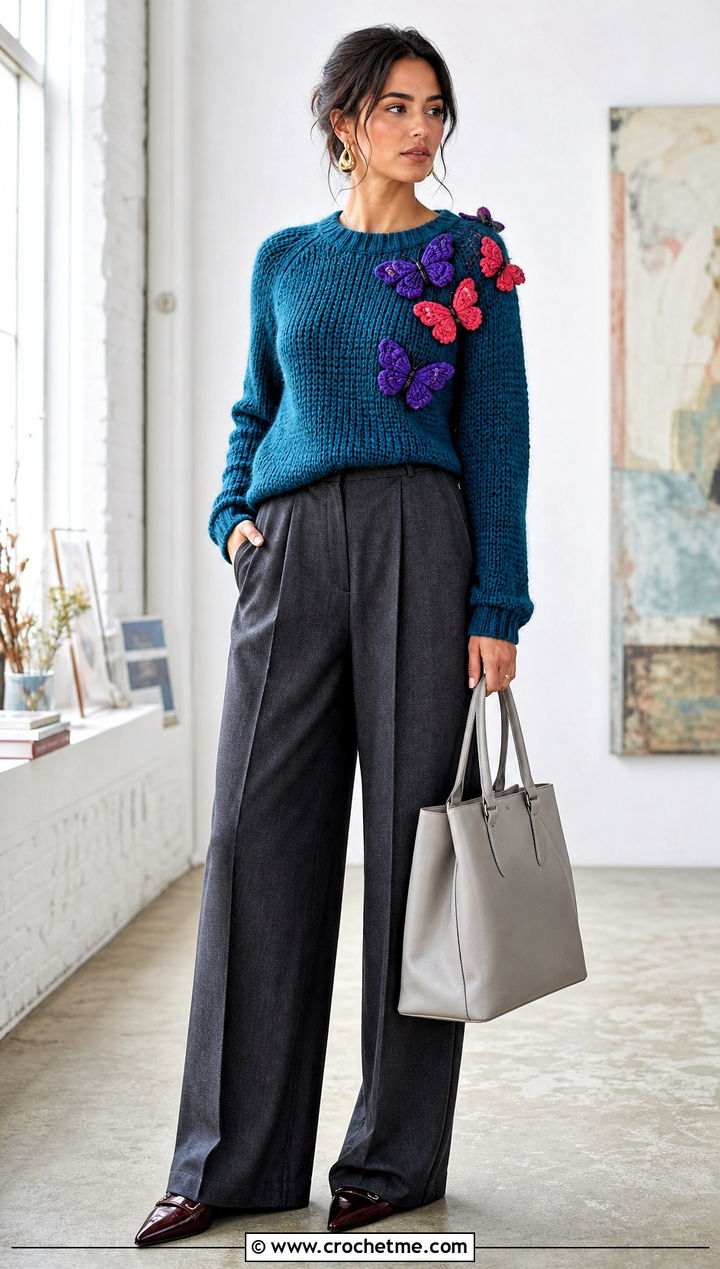 Butterfly Amigurumi Sweater With Wide Leg Suit Pants - 30 amigurumi sweater outfit ideas
