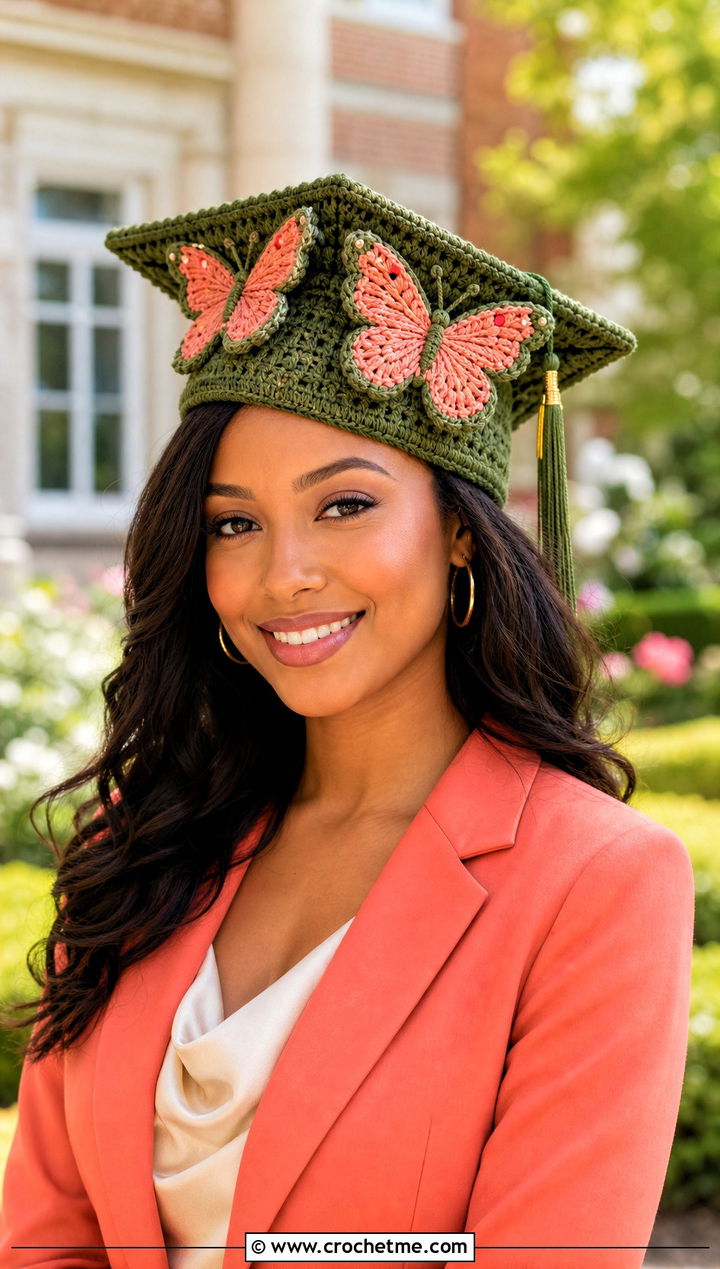 Butterfly Applique Crochet Graduation Cap Cover With Pastel Suit - 30 crochet graduation cap cover outfit ideas