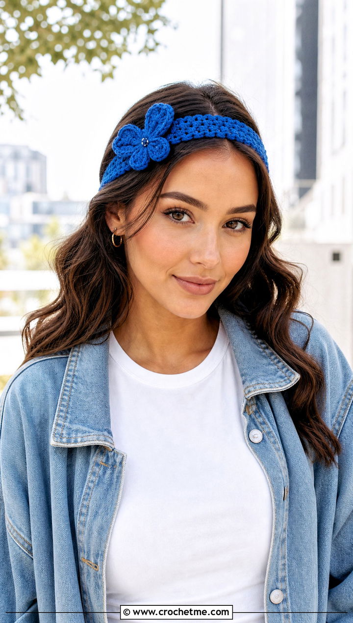 Butterfly Applique Crochet Headband With Denim Jacket - 15 crochet butterfly headband outfit ideas