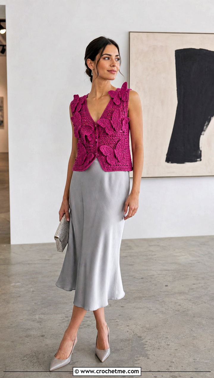 Butterfly Crochet Amigurumi Vest With Satin Midi Skirt - 15 Crochet Amigurumi Vest outfit ideas