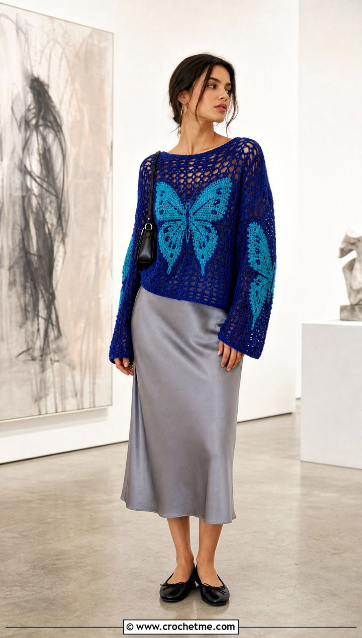 Butterfly Crochet Graph Sweater With Slip Dress - 30 crochet graph sweater outfit ideas