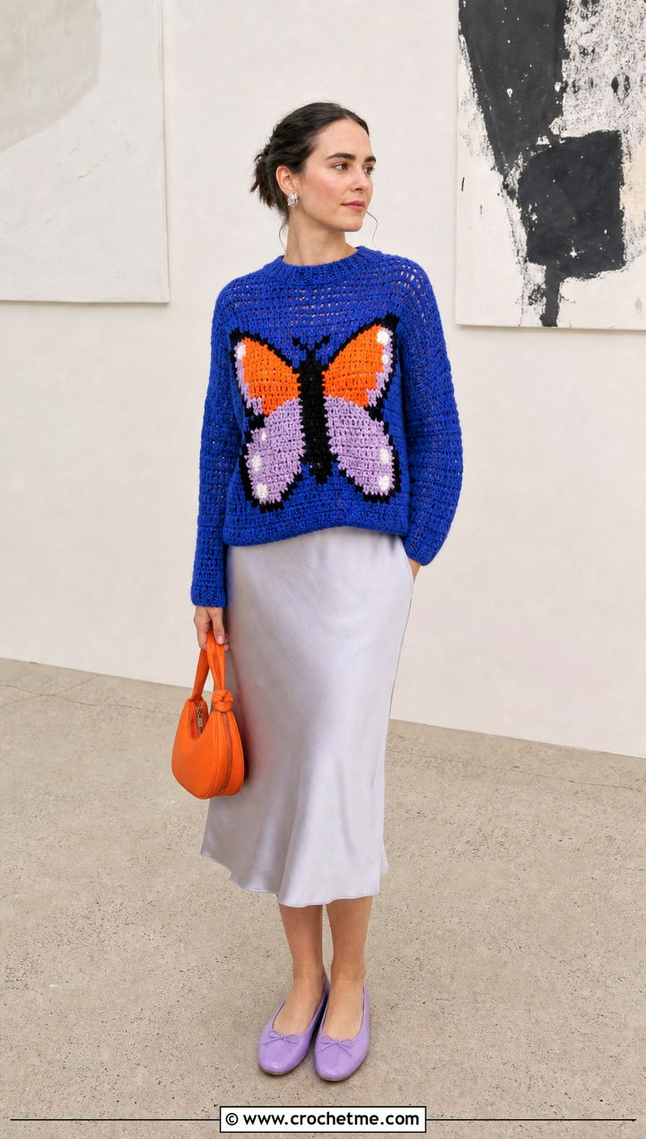 Butterfly Crochet Mabel Pines Sweater With Slip Dress - 30 crochet mabel pines sweater outfit ideas
