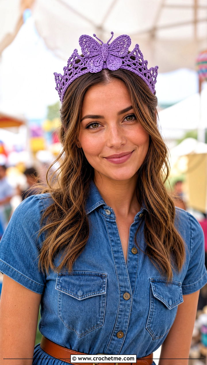 Butterfly Crochet Tiara Headband With Denim Dress - 30 crochet tiara headband outfit ideas