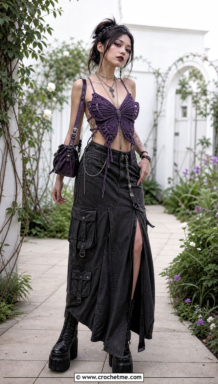 Butterfly Crochet Top With Cargo Maxi Skirt - 35 grunge crochet top outfit ideas