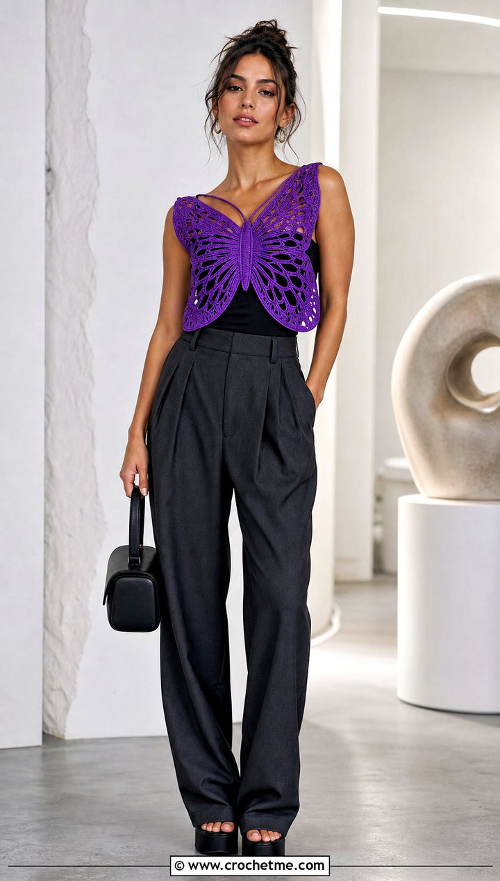 Butterfly Crochet Top With High Waisted Trousers - 25 Easy Crochet Projects Top outfit ideas