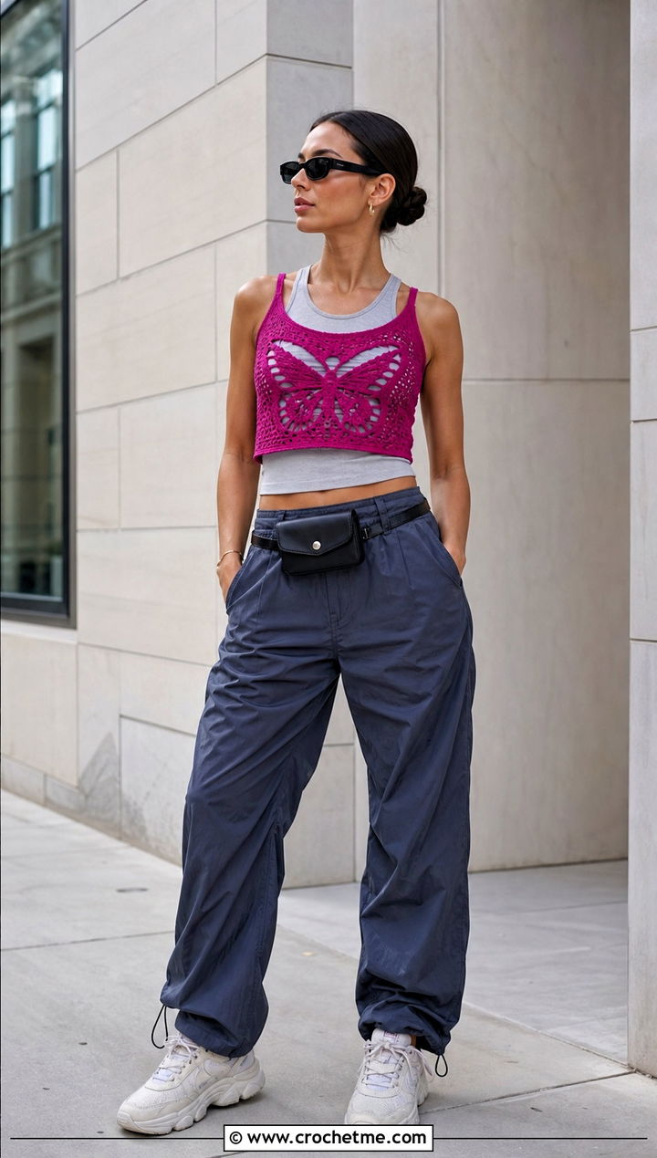 Butterfly Motif Crochet Crop Top With Parachute Pants - 30 crochet butterfly lace top outfit ideas