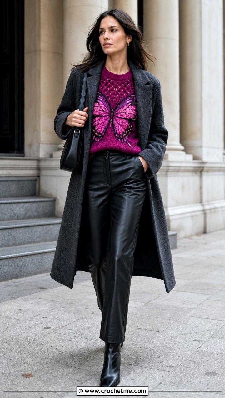 Butterfly Motif Crochet Sweater With Leather Pants - 15 Crochet Butterfly Clothes and outfit ideas