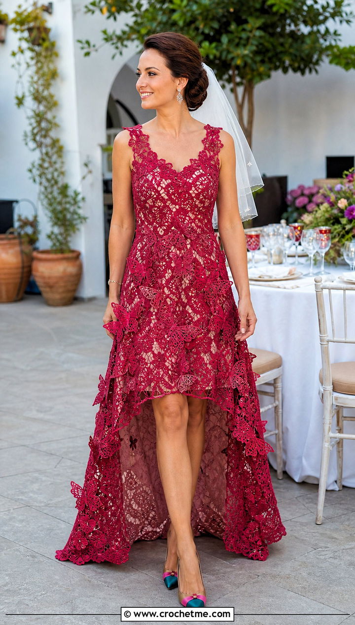 Butterfly Motif High Low Wedding Dress - 20 irish lace crochet wedding dress outfit ideas