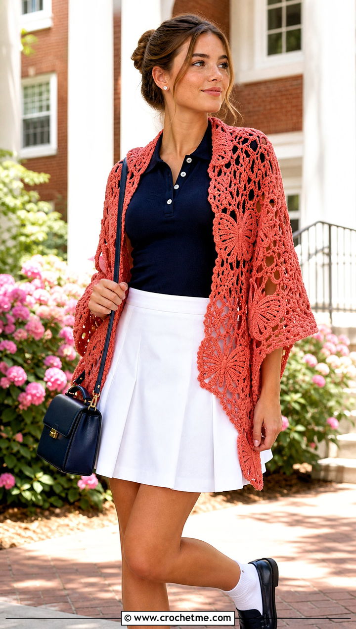 Butterfly Motif Irish Crochet Shawl With Preppy Skirt - 20 Irish Crochet Shawl outfit ideas