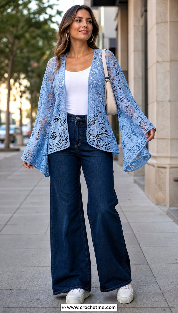Butterfly Sleeve Crochet Lace Top With Wide Leg Jeans - 30 crochet butterfly lace top outfit ideas