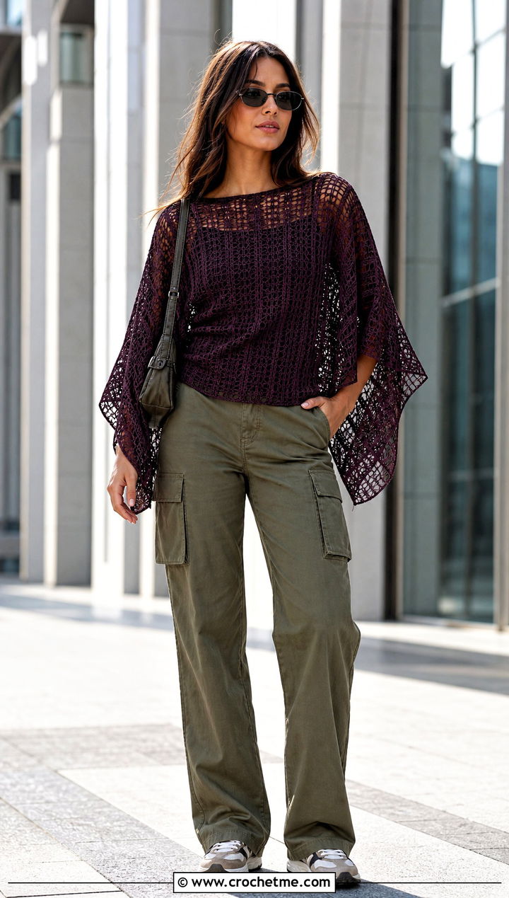 Butterfly Sleeve Crochet Top With Cargo Pants - 25 vintage crochet tops outfit ideas