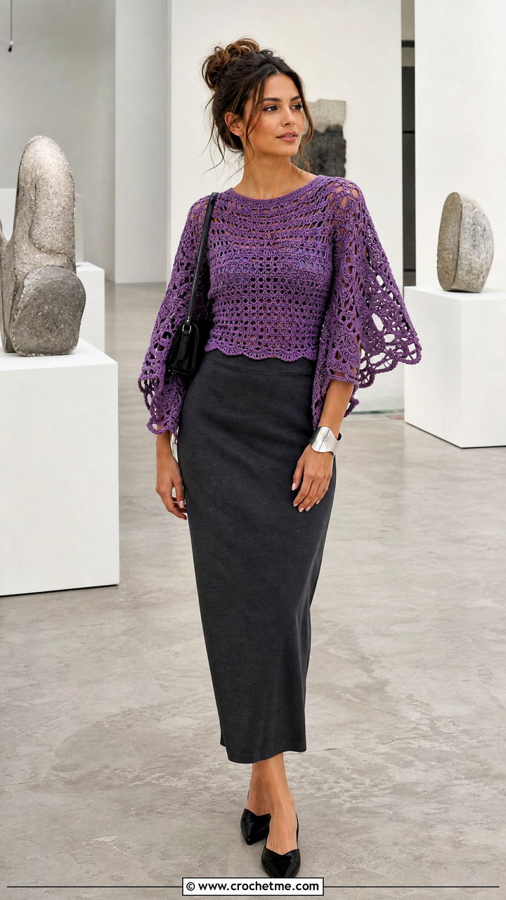 Butterfly Sleeve Crochet Top With Column Skirt - 35 butterfly crochet top outfit ideas