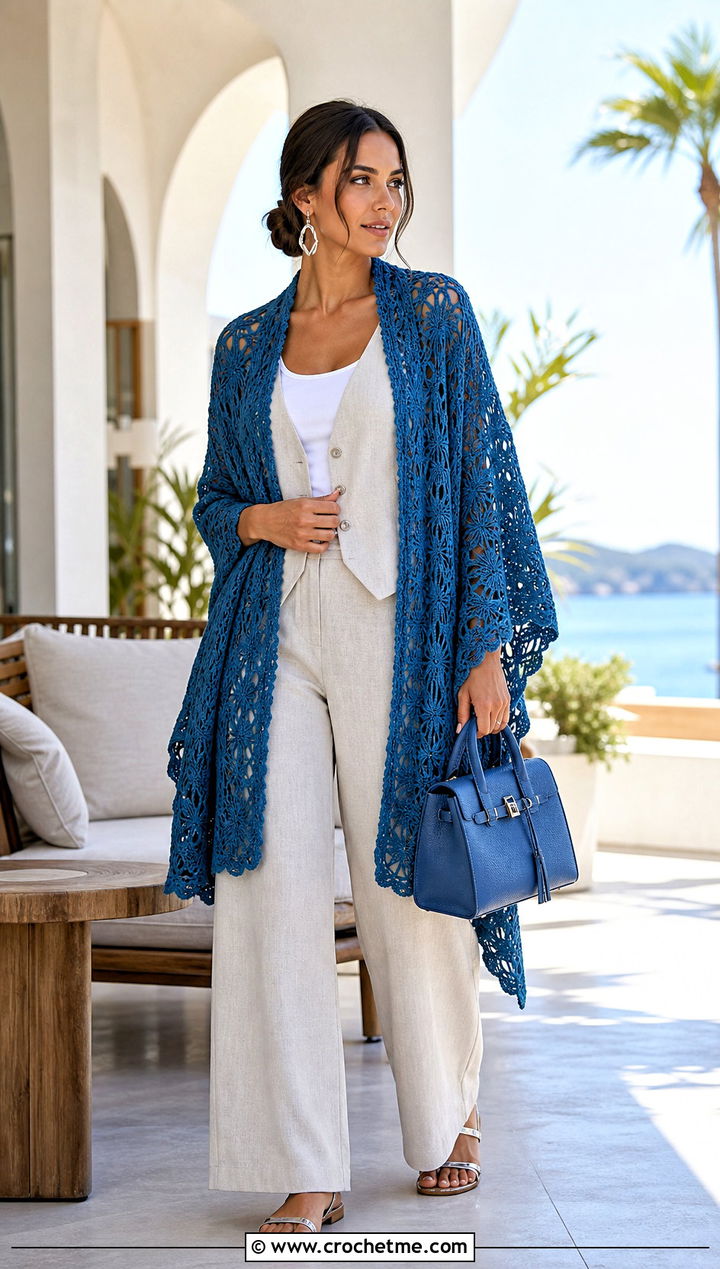 Butterfly Stitch Crochet Wrap With A Linen Set - 30 crochet summer wrap outfit ideas