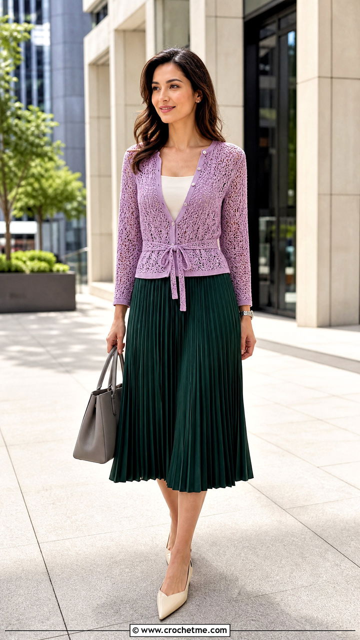 Button And Tie Crochet Cardigan With Pleated Midi Skirt - 35 crochet tie top outfit ideas