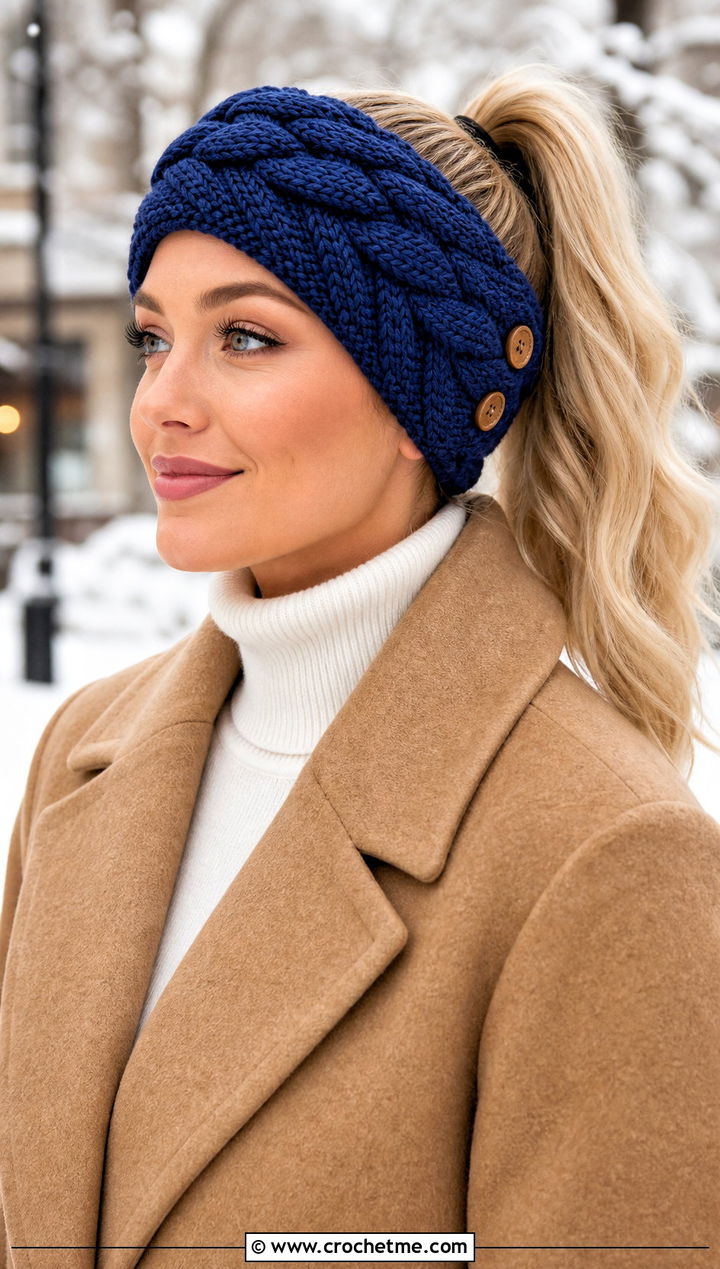 Button Back Braided Ear Warmer With Wool Coat - 25 crochet braid headband outfit ideas