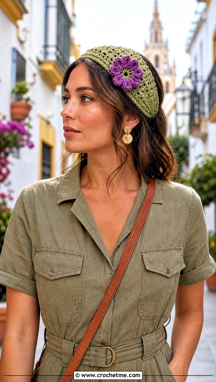Button Back Crochet Headband With Jumpsuit Outfit - 15 crochet headband with purple flower outfit ideas