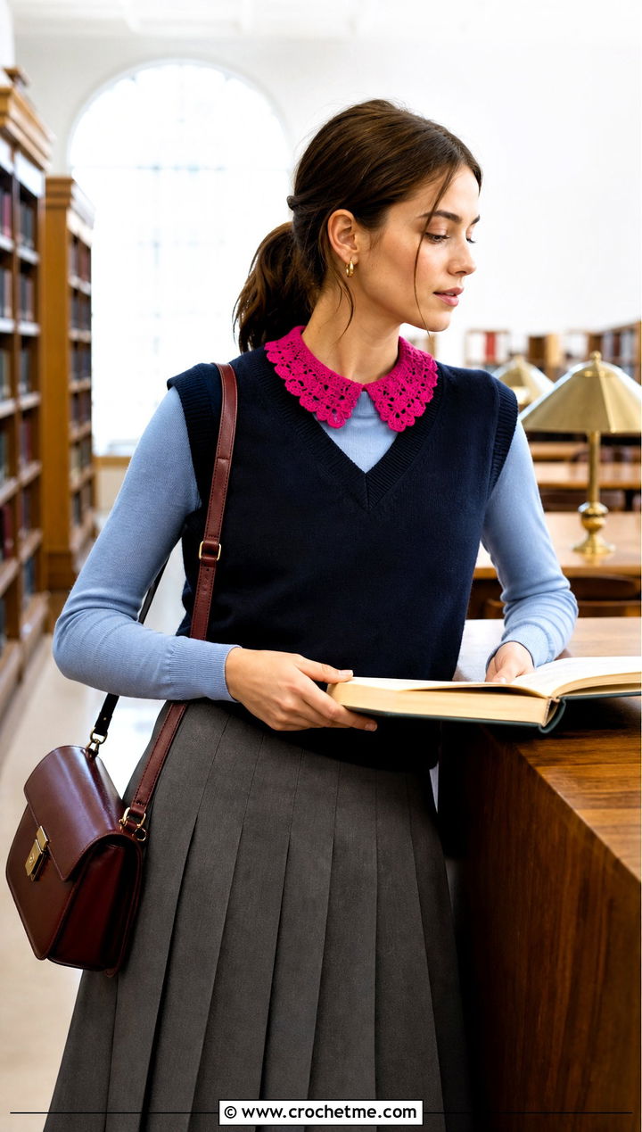 Button Back Lace Crochet Collar With Sweater Vest And Skirt - 25 Lace Crochet Collar outfit ideas