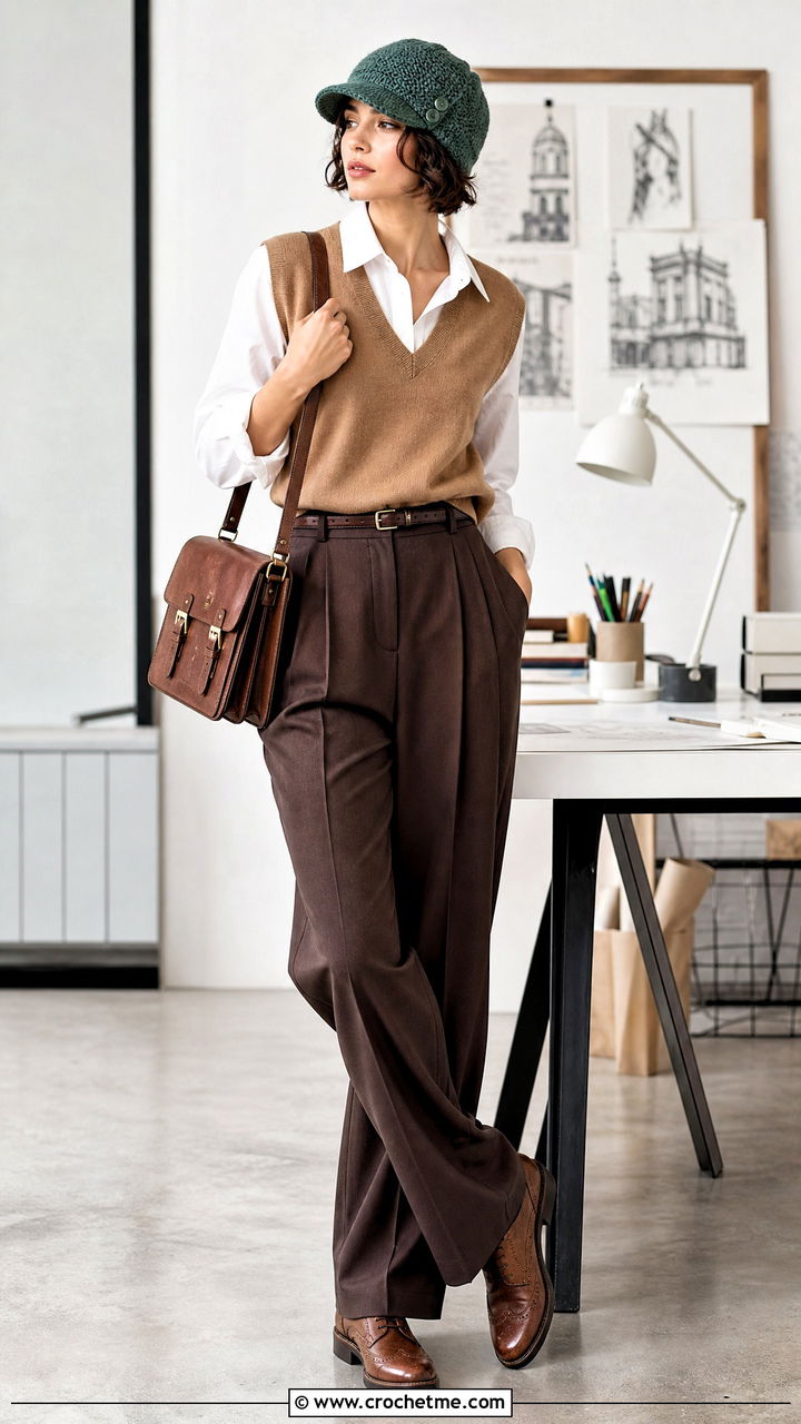 Button Band Crochet Newsboy Hat With Sweater Vest And Pleated Trousers - 35 crochet newsboy hat outfit ideas