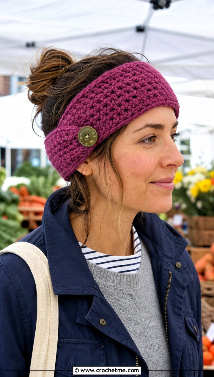 Button Closure Chunky Crochet Ear Warmer With Utility Jacket - 30 chunky crochet ear warmer outfit ideas