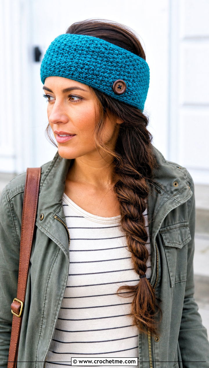 Button Closure Crochet Headband Ear Warmer With Utility Jacket - 20 Crochet Headband Ear Warmer outfit ideas