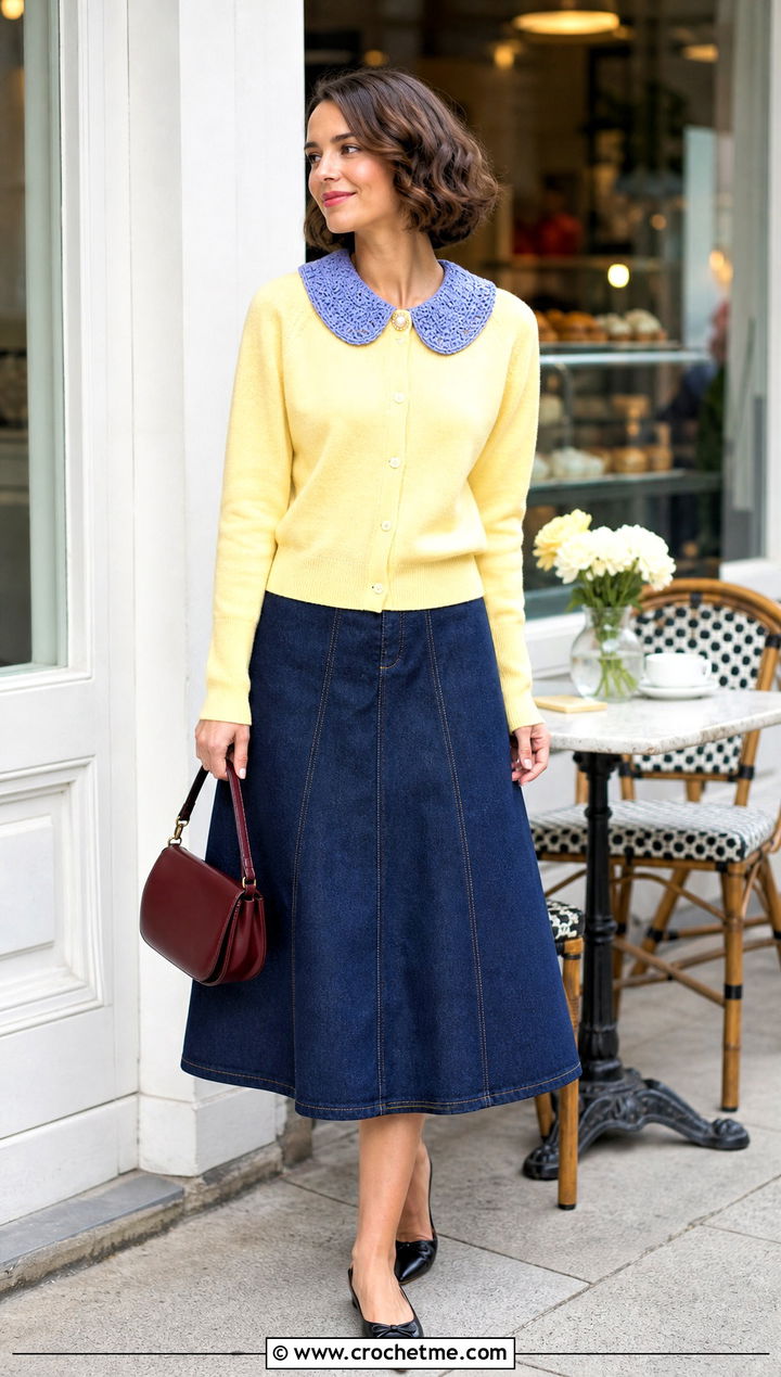 Button Closure Crochet Peter Pan Collar With Cardigan And Denim Skirt - 35 crochet peter pan collar outfit ideas